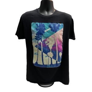 Perry Ellis Palm Tree Miami Design Tee - Men’s Graphic T-Shirt - Black - Large -